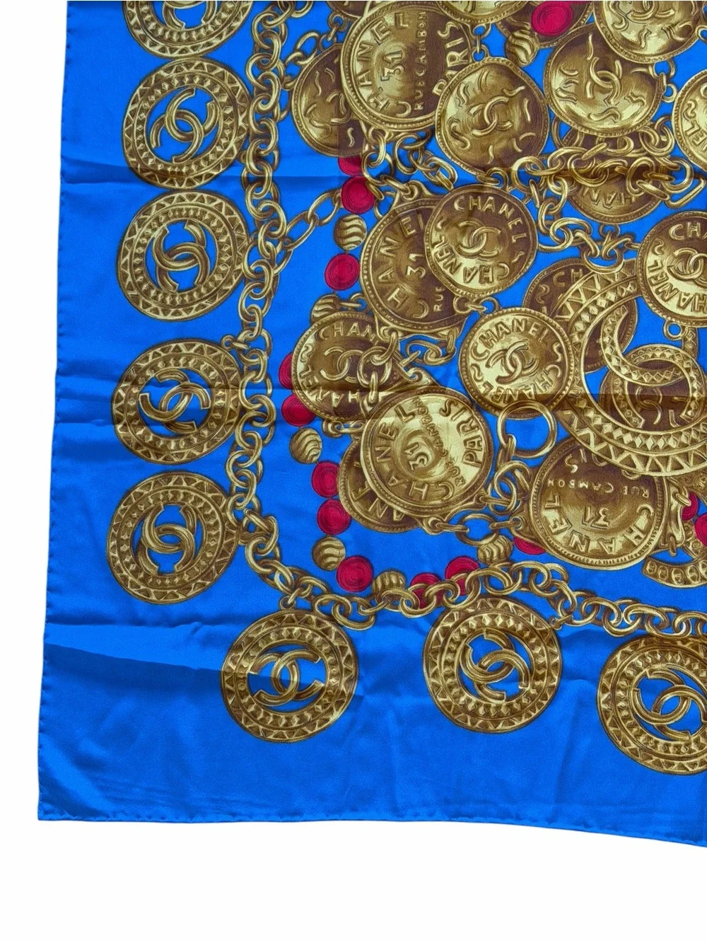 CHANEL Large Blue and Gold Coin Motif Silk Scarf